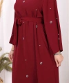 Taş Detaylı Bel Kuşaklı Elbise 3797 Bordo