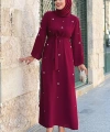 Taş Detaylı Bel Kuşaklı Elbise 3797 Bordo