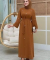 Taş Detaylı Bel Kuşaklı Elbise 3797 Taba