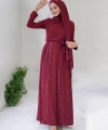 Taş Detaylı  Elbise ŞAL HEDİYE   3953 Bordo