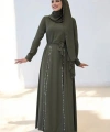Taş Detaylı  Elbise ŞAL HEDİYE   3953 Haki