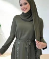 Taş Detaylı  Elbise ŞAL HEDİYE   3953 Haki