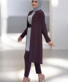 Taş Detaylı Uzun Ceket Pantolon İkili Takım 8683 Bordo