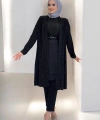 Taş Detaylı Uzun Ceket Pantolon İkili Takım 8683 Siyah