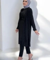 Taş Detaylı Uzun Ceket Pantolon İkili Takım 8683 Siyah