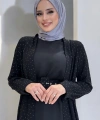 Taş Detaylı Uzun Ceket Pantolon İkili Takım 8683 Siyah