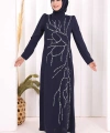 Taş İşleme Desenli Elbise 3889 Lacivert