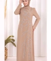 Taş İşleme Desenli Elbise 3889 Vizon