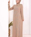 Taş İşleme Desenli Elbise 3889 Vizon