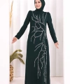 Taş İşleme Desenli Elbise 3889 Zümrüt