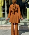 Taş İşleme Detaylı Kuşaklı Tunik ve Pantolonlu Takım 8432 Taba