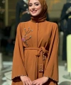 Taş İşleme Detaylı Kuşaklı Tunik ve Pantolonlu Takım 8432 Taba