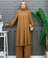 Taş İşleme Detaylı Pantolonlu Tunik Takım 8464 Taba