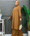 Taş İşleme Detaylı Pantolonlu Tunik Takım 8464 Taba