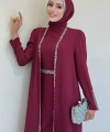 Taş İşleme Detaylı Yelekli Elbise Takım 3838 Bordo