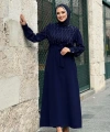 Taş İşlemeli Kuşaklı Elbise 3830 Lacivert