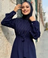 Taş İşlemeli Kuşaklı Elbise 3830 Lacivert
