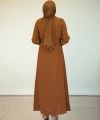 Taş İşlemeli Kuşaklı Elbise 3830 Taba