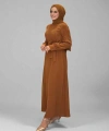 Taş İşlemeli Kuşaklı Elbise 3830 Taba