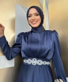 Taşlı Kemer Akseuarlı Saten Abiye Elbise 3863 Lacivert