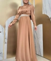 Taşlı Kemer Akseuarlı Saten Abiye Elbise 3863 Taba