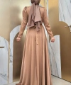 Taşlı Kemer Akseuarlı Saten Abiye Elbise 3863 Taba