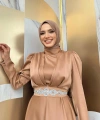 Taşlı Kemer Akseuarlı Saten Abiye Elbise 3863 Taba