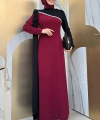 Tek Omuz Fiyonk Apoletli Çift Renk Elbise 3862 Bordo
