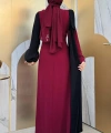 Tek Omuz Fiyonk Apoletli Çift Renk Elbise 3862 Bordo