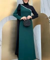 Tek Omuz Fiyonk Apoletli Çift Renk Elbise 3862 Zümrüt