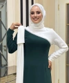 Tek Omuz Fiyonk Apoletli Çift Renk Elbise 3862 Zümrüt-Ekru