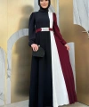 Üç Renkli Bel Kemer Pilise Detay Elbise 3622 Bordo