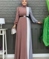 Üç Renkli Bel Kemer Pilise Detay Elbise 3622 Füme