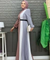 Üç Renkli Bel Kemer Pilise Detay Elbise 3622 Füme