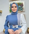 Üç Renkli Bel Kemer Pilise Detay Elbise 3622 İndigo