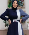 Üç Renkli Bel Kemer Pilise Detay Elbise 3622 Lacivert