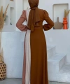 Üç Renkli Bel Kemer Pilise Detay Elbise 3622 Taba