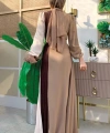 Üç Renkli Bel Kemer Pilise Detay Elbise 3622 Vizon