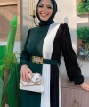 Üç Renkli Bel Kemer Pilise Detay Elbise 3622 Zümrüt