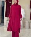 Verevli Tunik, Pantolon Takım Şal  HEDİYE   3937 Bordo