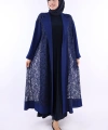 Yakalı Dantel Güpür Detay Abaya 7830 Lacivert