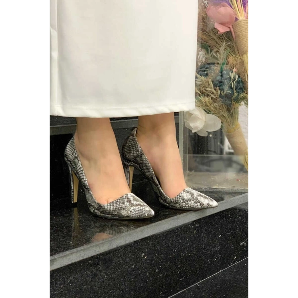 6540 Desenli Deri Stiletto Gri