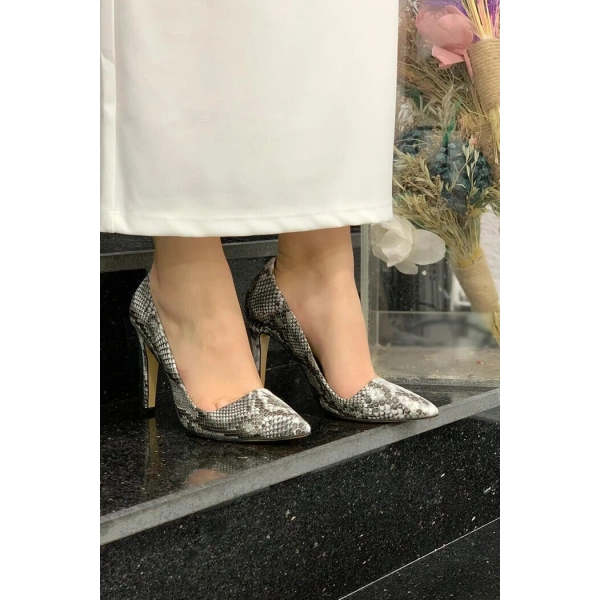 6540 Desenli Deri Stiletto Gri