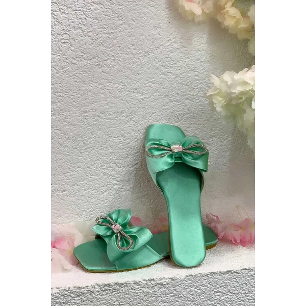 6557 Saten Taşlı Terlik Mint
