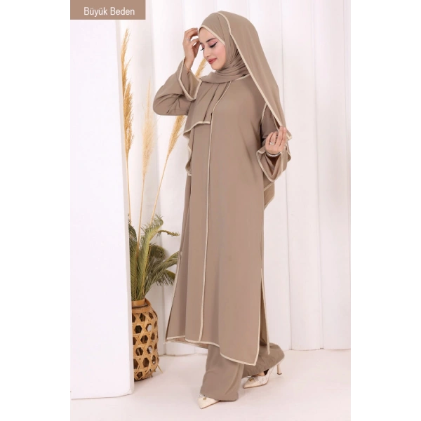 8001-1 Biyeli Pantolonlu Tunik Takım  Şal Vizon