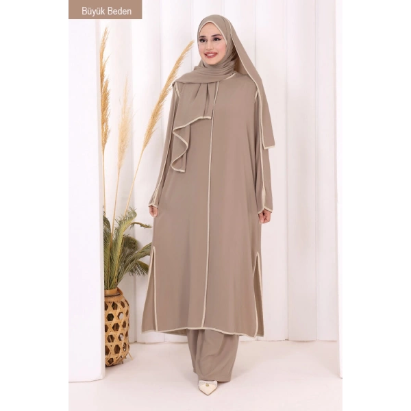 8001-1 Biyeli Pantolonlu Tunik Takım  Şal Vizon