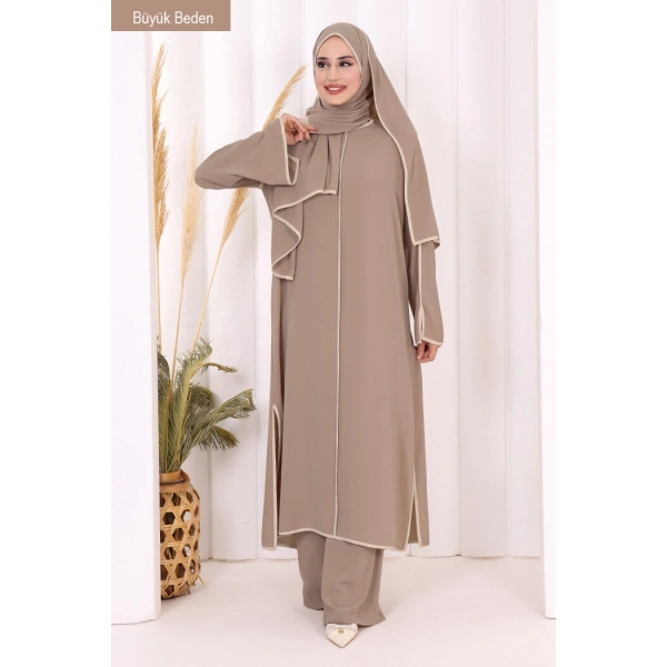 8001-1 Biyeli Pantolonlu Tunik Takım  Şal Vizon