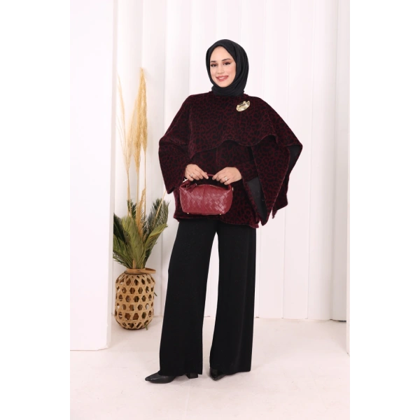 Atkı Detay Leoparlı Panço 70061-1 Bordo