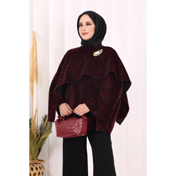 Atkı Detay Leoparlı Panço 70061-1 Bordo