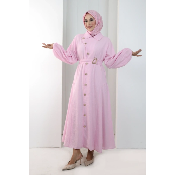 Balon Kollu Düğmeli Elbise 7098 Pembe